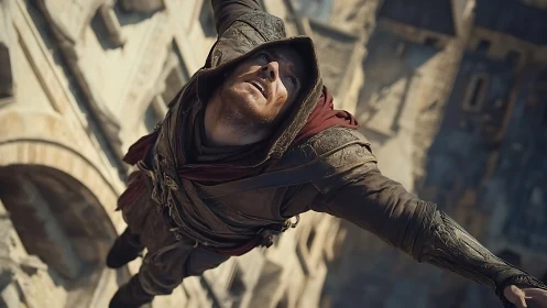 Hooded freerunner dives past stone facades in warm daylight.