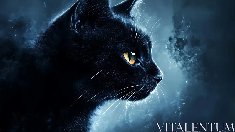 Mysterious Black Cat with Piercing Golden Eyes in Moonlight