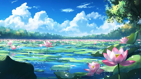 Lotus lake under radiant sky with vivid summer light.