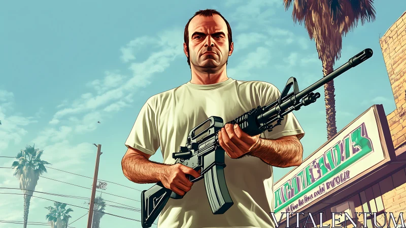 Armed man in stylized urban streetscape holds assault rifle