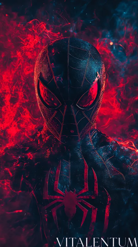 Dark spider hero portrait in red smoke and blue shadow.
