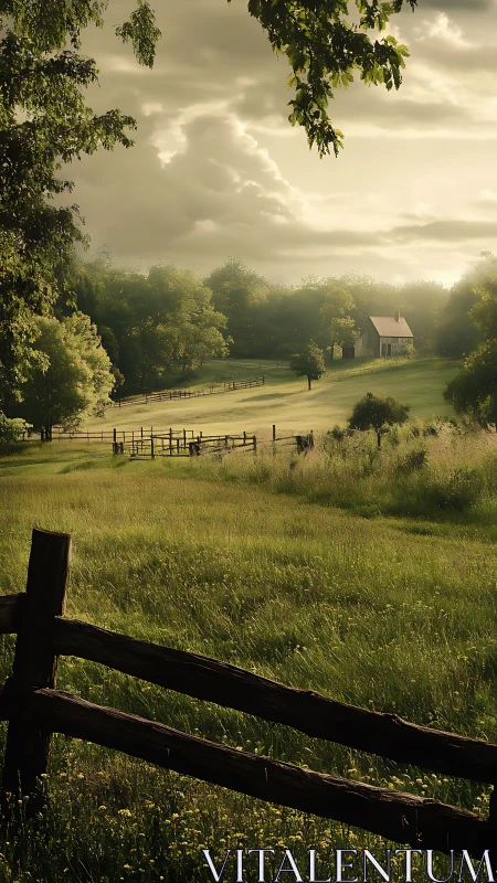 Golden rural meadow with distant farmhouse under clouds.