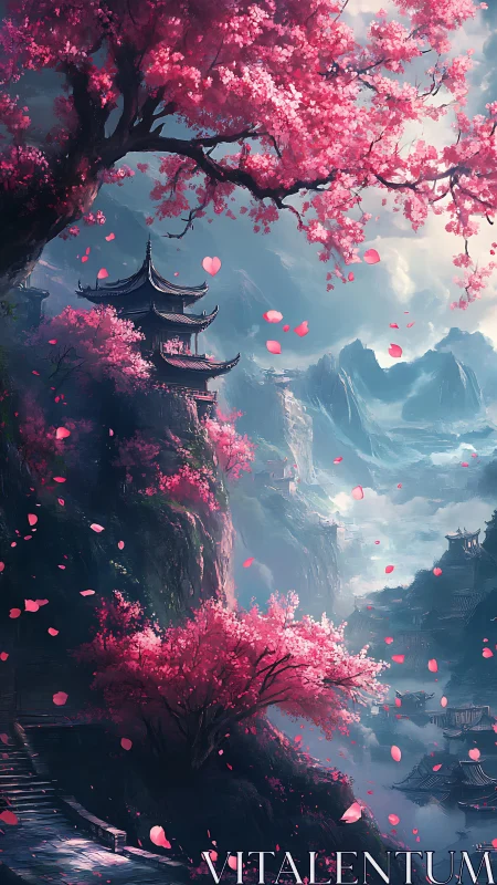 Mountain landscape shows tiered pagodas and dense cherry trees