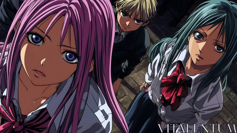 Anime trio confront viewer with intense upward gaze.