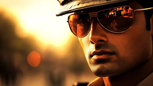 Sunset patrol officer in molten amber aviator shades.