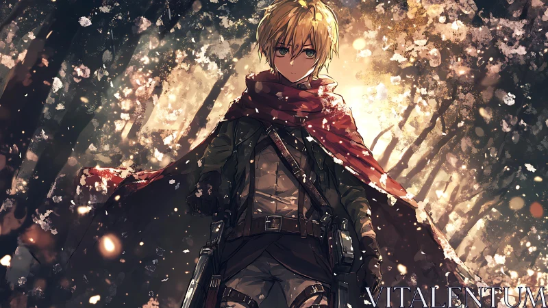 Blond anime warrior in red scarf in glowing forest light.