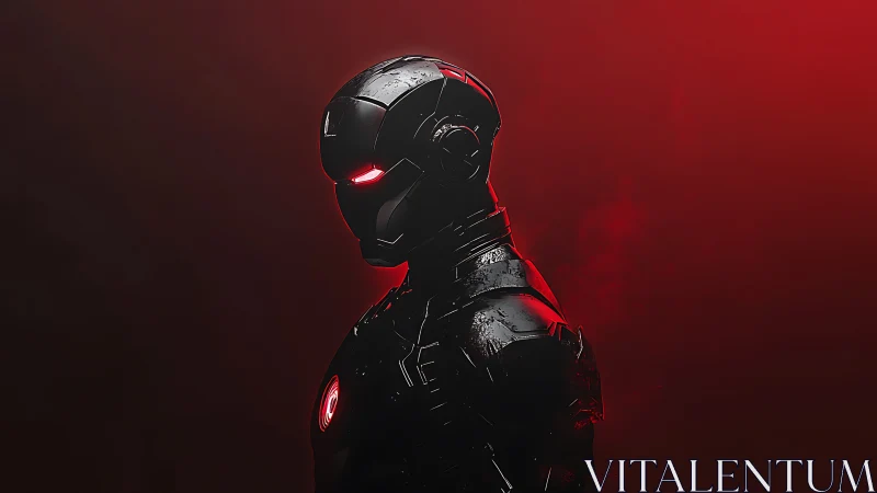 Midnight armored hero glows softly in red cinematic light