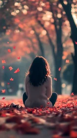 Solitary woman finds quiet reflection in softly lit autumn park.