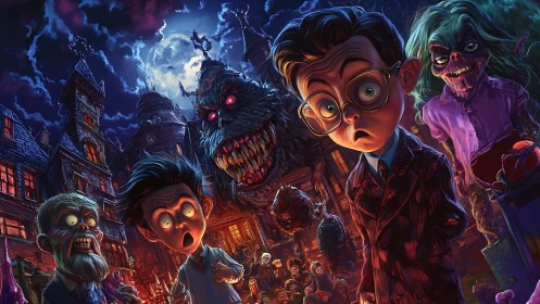 Cartoon boys confront grotesque monsters in neon-lit manor.