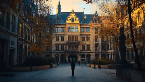 Historic courtyard building in warm autumn evening light.