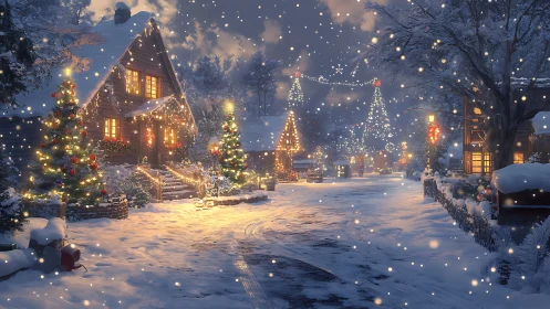 Snow-covered village street displays illuminated houses and trees