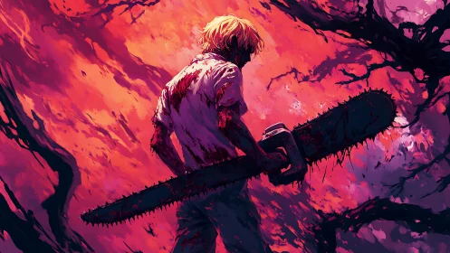 Bloodied chainsaw wielder stands under searing crimson sky