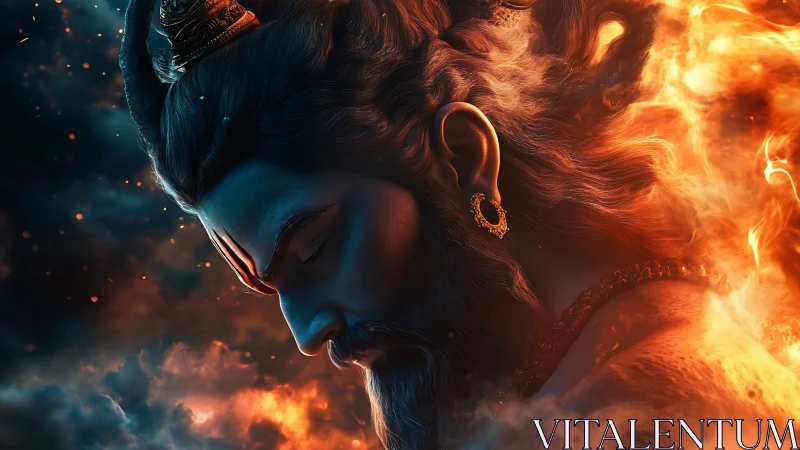 Fire-ringed divine warrior in meditative storm of embers.