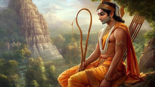 Divine warrior prince rests before towering forest temple.