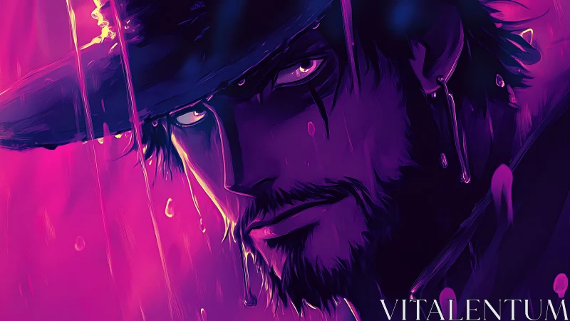 Neon drenched gunslinger portrait in high contrast chroma lighting.