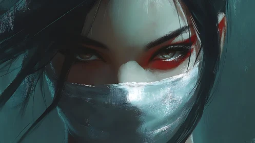 Veiled storm eyes ignite beneath crimson warpaint gaze.