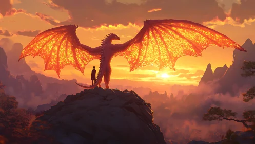 Silhouetted human and dragon on ridge at sunset horizon.