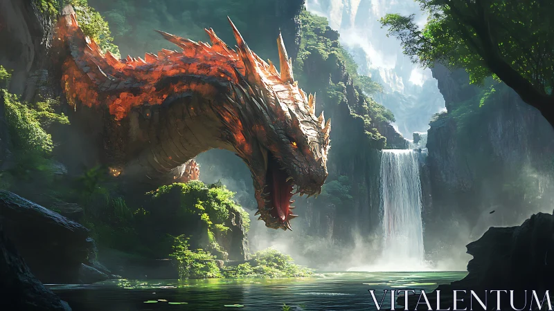 Armored lava dragon emerging before mist-shrouded waterfall