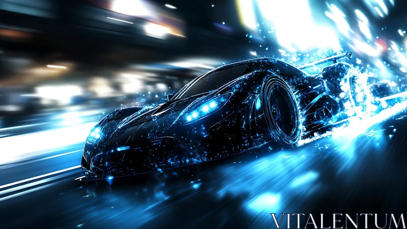 Electric blue hypercar streaking through neon city night.