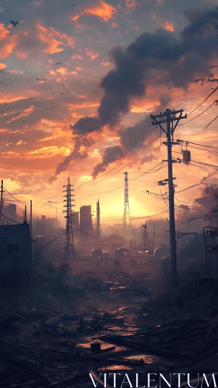 Radiant sunset burns through a ruined industrial wasteland