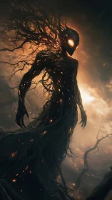 Rooted humanoid figure with ember-like core in dusk landscape.