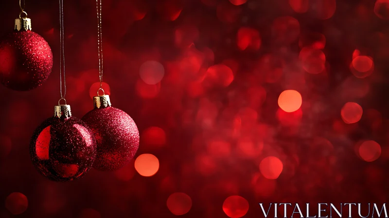 Glittering red Christmas baubles glow against soft bokeh background.