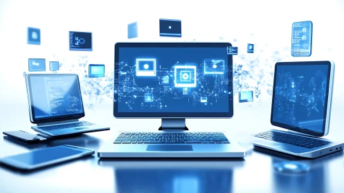 Networked laptops with floating data interfaces and system diagrams.