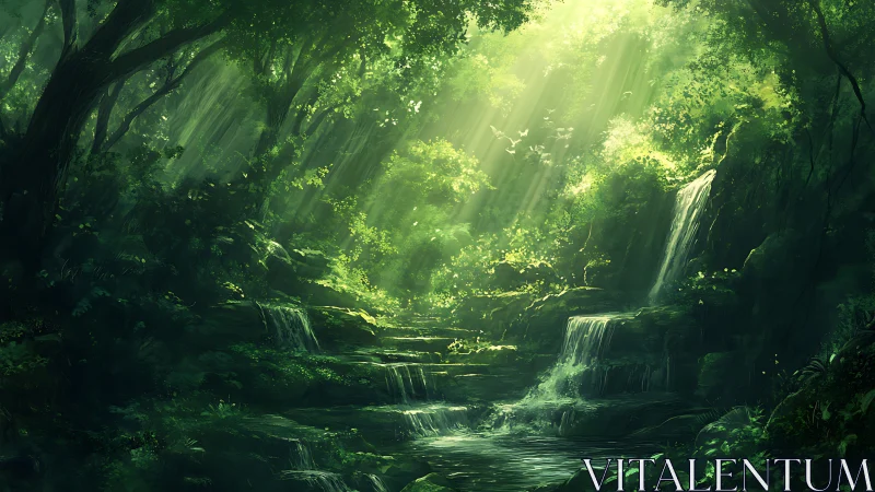 Luminous Forest Gorge with Cascading Waterfalls and Ethereal Light Rays.