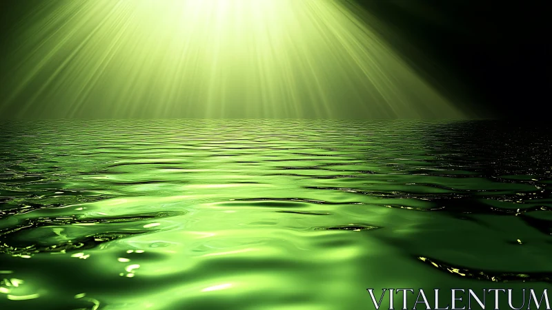 Luminous green water surface catches radiating overhead light