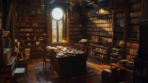 Old study lined with bookshelves and warm window light.