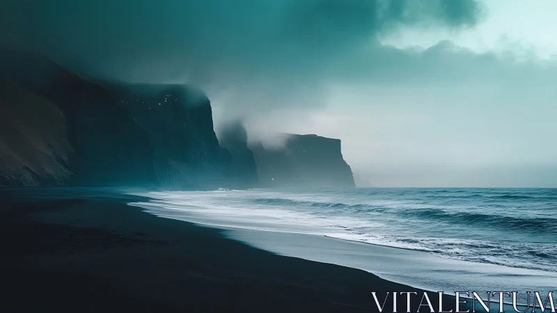 Foggy sea cliffs and dark sand shoreline at overcast coast.