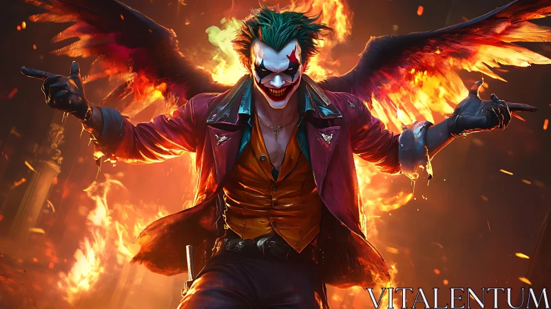 Winged clown figure stands before large structural fire