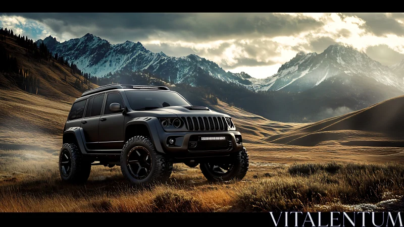 Matte black off-road SUV dominates alpine valley at dusk