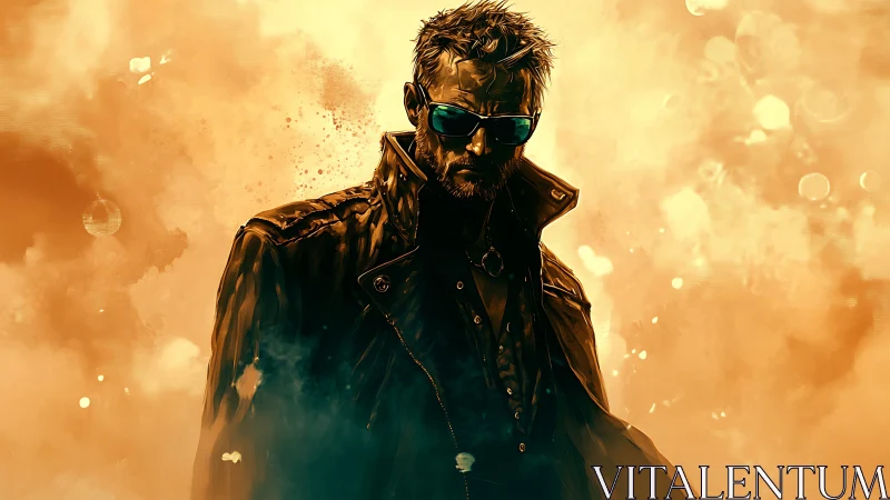 Mysterious sunglasses hero walks through glowing orange smoke