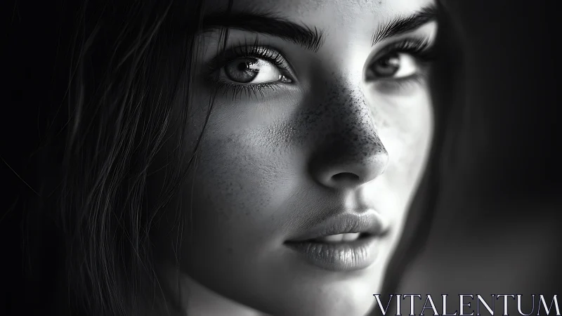 Monochrome close-up portrait with freckled skin detail.