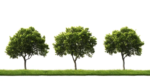 Four aligned green trees stand in bright minimalist space
