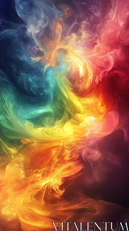 Colorful swirling nebula flows through cosmic darkness.