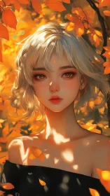 Autumn-lit anime portrait renders soft bokeh foliage glow