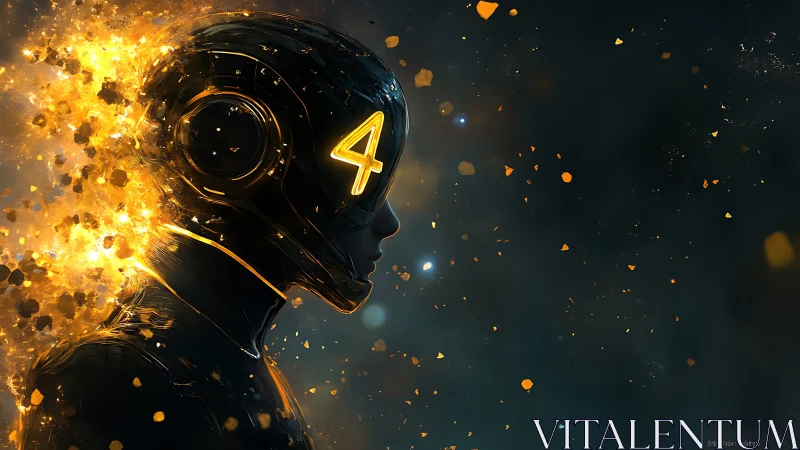 Profile view of digital android head with numeric visor four.