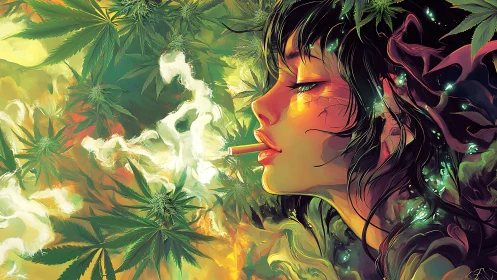 Side profile woman smoking amid dense cannabis foliage.
