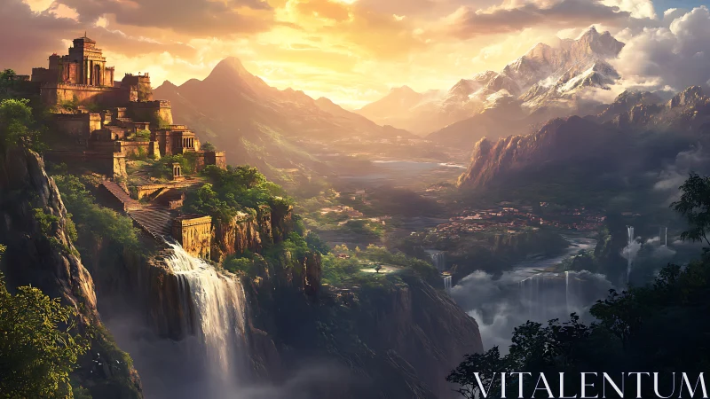 Terraced cliff citadel above cascading waterfalls at dawn