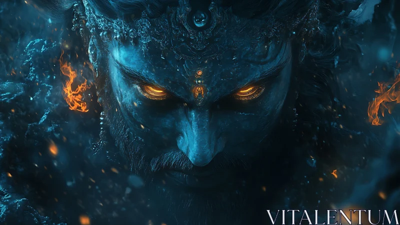 Fiery eyed mythic warrior in blue smoky darkness.