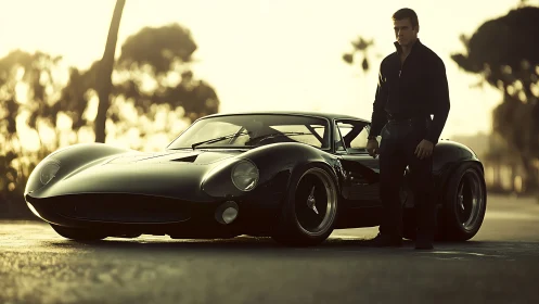 Sunlit black sports car with driver in cinematic stance.