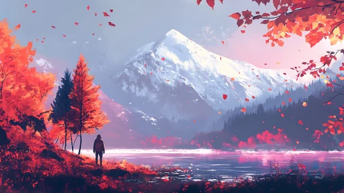 Solitary wanderer trades footsteps for firebright autumn dreams