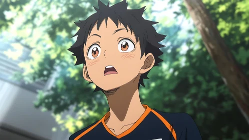 Anime boy in sports jersey under trees, upward gaze focus.