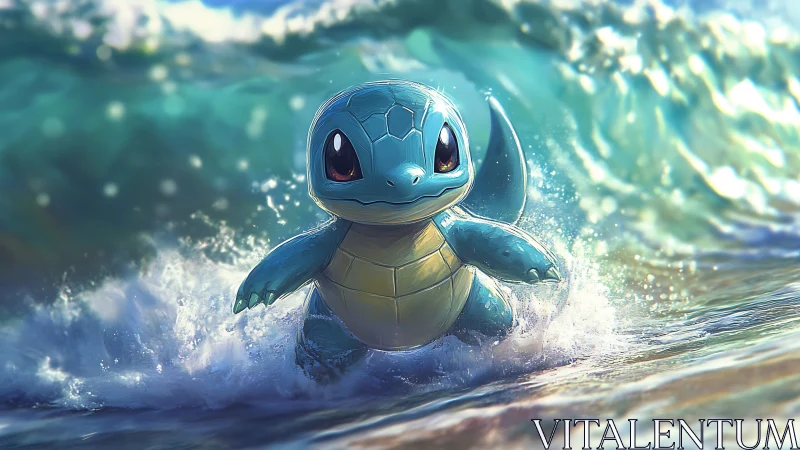 Cute blue turtle creature splashing in bright ocean surf.
