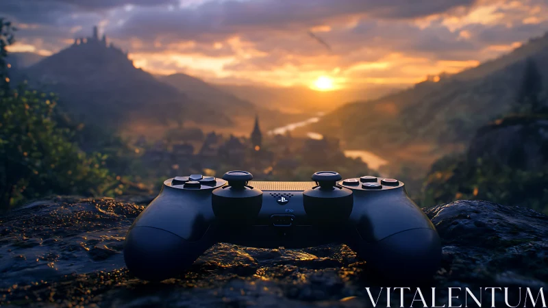 DualShock controller on cinematic fantasy valley at sunset.