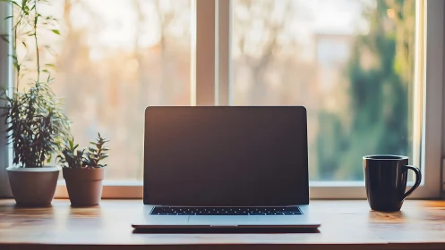 Sunlit laptop workspace framed by plants and quiet coffee.