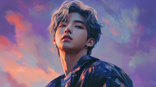 Moody portrait of silver-haired youth under neon dusk sky.