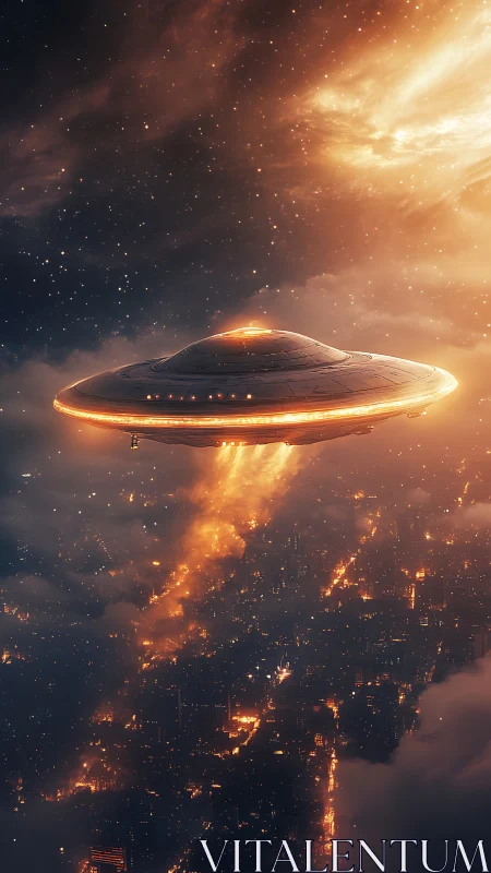 Golden starship glides above a glowing midnight city